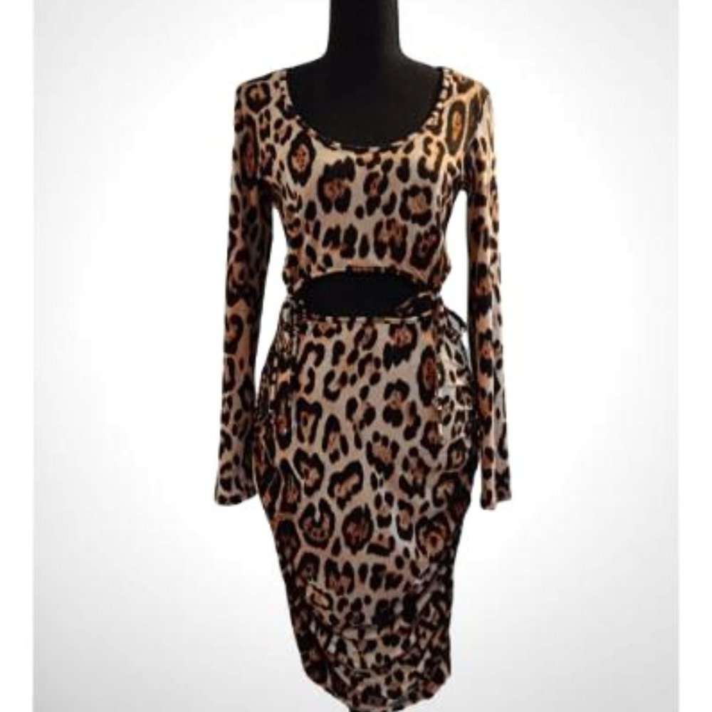 Fashion Nova Leopard Print Long Sleeve Midi Dress